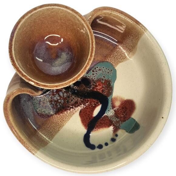 Bruce Larrabee Bi-part Ceramic Glazed Chip Dip Serving Bowl Artisan Pottery - Picture 2 of 10